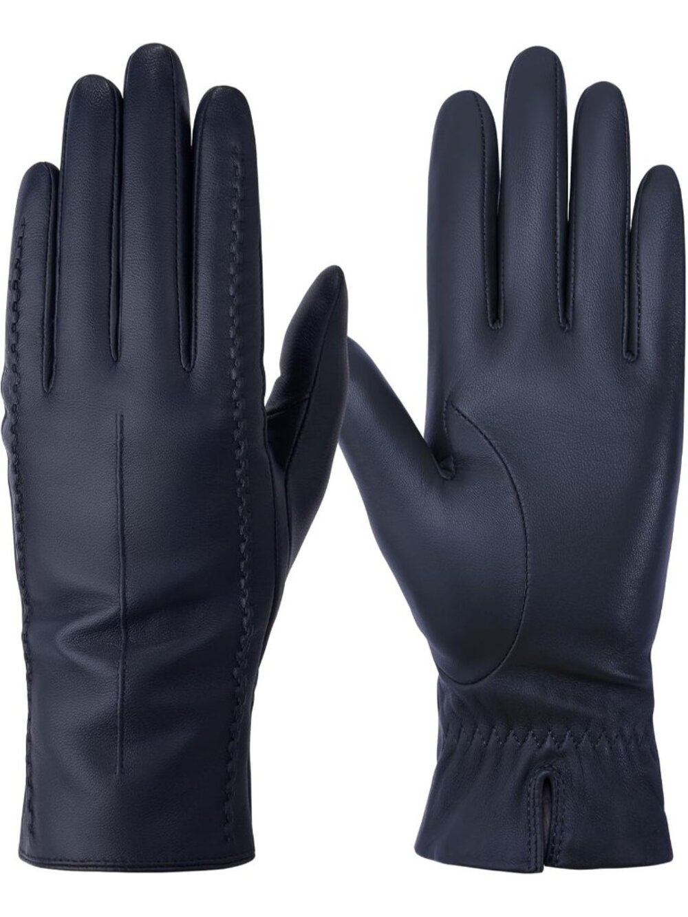 Women Navy Cashmere Lined Touchscreen Winter Genuine Sheepskin Leather Gloves,